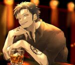  1boy alcohol arm_tattoo black_hair black_shirt chizuko_(chiduk0) cup drinking_glass earrings facial_hair glass grin hair_slicked_back hand_on_own_cheek hand_on_own_face hand_tattoo head_rest holding holding_cup indoors jewelry male_focus one_piece shirt sleeves_rolled_up smile solo tattoo trafalgar_law yellow_eyes 