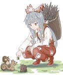  1girl acorn animal blush bow closed_mouth collared_shirt fujiwara_no_mokou grey_hair hair_bow holding inuno_rakugaki long_hair long_sleeves pants red_eyes red_footwear red_pants shirt shoes smile solo squirrel suspenders touhou white_bow white_shirt 