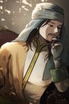  1boy artist_name beard brown_eyes brown_hair facial_hair fingerless_gloves gloves lionheart_(tear_ring_saga) long_hair solo sparkle sumeragi_(black_rose) tear_ring_saga tear_ring_saga:_utna_heroes_saga turban 