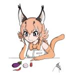  1girl animal_costume animal_ear_fluff animal_ears bare_shoulders blue_eyes bow bowtie caracal_(kemono_friends) caracal_ears closed_mouth eggplant elbow_gloves extra_ears gloves kemono_friends kemono_friends_v_project long_hair orange_hair osakana_pix shirt simple_background sleeveless sleeveless_shirt solo tail tezuka_osamu_(style) virtual_youtuber white_shirt 