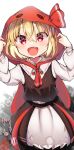  1girl black_skirt black_vest blonde_hair candy candy_cane cosplay fang food halloween halloween_costume hood hoshizora_gabugabu little_red_riding_hood little_red_riding_hood_(grimm) little_red_riding_hood_(grimm)_(cosplay) lollipop long_sleeves looking_at_viewer open_mouth red_eyes red_hood rumia shirt short_hair skirt solo touhou vest white_shirt 