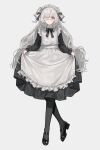  absurdres apron black_dress black_footwear black_pantyhose black_ribbon commentary curtsey dress eyepatch frilled_apron frills fujishiro74 full_body hair_ribbon highres long_hair looking_at_viewer maid neck_ribbon open_mouth original pantyhose pink_eyes ribbon shoes simple_background symbol-only_commentary two_side_up very_long_hair white_background white_hair 