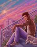  1boy 1other absurdres arm_on_knee bandage_on_face bandages brown_eyes brown_hair brown_jacket bush cat chain-link_fence cityscape closed_mouth cloud cloudy_sky denim expressionless fence hazuki_ryou highres jacket jeans knee_up looking_at_viewer open_hand outdoors pants purple_sky shenmue shirt shoes sideburns signature sitting sky sliverofsand sneakers spiked_hair stairs sunset t-shirt thick_eyebrows white_footwear white_shirt 