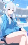  1girl blue_archive blush breasts closed_mouth crossed_legs grey_hair hand_on_own_leg highres jacket long_hair looking_at_viewer medium_breasts noa_(blue_archive) open_clothes open_jacket outdoors reia_76 sidelocks smile solo track_jacket twitter_username very_long_hair 