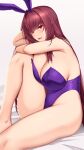 1girl akitsuki_karasu animal_ears bare_legs bed bed_sheet blush breast_press breasts cleavage fate/grand_order fate_(series) highres large_breasts leg_up legs long_hair playboy_bunny rabbit_ears scathach_(fate) scathach_(piercing_bunny)_(fate) solo thick_thighs thighs 