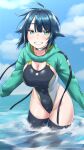  1girl awono_nanaumi black_one-piece_swimsuit black_thighhighs blue_hair breasts competition_swimsuit cropped_jacket fukami_nana green_eyes green_jacket grin hair_flaps highleg highleg_swimsuit highres hood hooded_jacket hoodie jacket large_breasts looking_at_viewer multicolored_clothes multicolored_swimsuit one-piece_swimsuit original short_hair smile soaking_feet solo swimsuit thighhighs water 