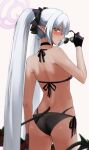  1girl ass bare_shoulders bikini black_bikini blue_archive blurry blurry_background blurry_foreground blush bolt_action bow breasts choker cowboy_shot dark-skinned_female dark_skin demon_tail depth_of_field elf from_behind gloves grey_hair gun halo highres holding iori_(blue_archive) iori_(swimsuit)_(blue_archive) long_hair looking_at_viewer looking_back mauser_98 official_alternate_costume parted_lips pointy_ears ponytail red_eyes rifle shoulder_blades side-tie_bikini_bottom solo string_bikini sunglasses swimsuit tail twintails very_long_hair weapon yoo_tenchi 