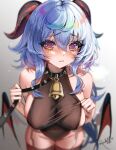  1girl @_@ absurdres bare_shoulders bell blue_hair blurry blurry_background breasts brown_leotard collar covered_navel covered_nipples curled_horns demon_girl ganyu_(genshin_impact) genshin_impact goat_horns groin highres holding holding_leash horns large_breasts leash leotard long_hair neck_bell purple_eyes rosebell sidelocks signature solo spiked_collar spikes sweat thighhighs very_long_hair wavy_hair 