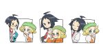  1boy 1girl adjusting_eyewear ahoge bangs belt_buckle beret bianca_(pokemon) black_hair blonde_hair buckle cheren_(pokemon) chibi closed_mouth collared_shirt eneko_(olavcnkrpucl16a) glasses green_eyes green_headwear grin hand_up hat highres jacket multiple_views necktie orange_jacket pokemon pokemon_(game) pokemon_bw pokemon_bw2 red-framed_eyewear red_necktie semi-rimless_eyewear shirt short_hair smile white_shirt 