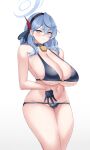  1girl absurdres ako_(blue_archive) bangs bare_shoulders bikini blue_archive blue_bikini blue_eyes blue_hair blush breasts cleavage collarbone crimecrime hair_between_eyes highres large_breasts long_hair looking_at_viewer navel open_mouth solo swimsuit thighs 