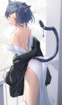  1girl :p animal_ears ass bangs bare_back bare_shoulders blue_eyes blue_hair blush breasts cat_ears cat_tail dress facial_mark fur-trimmed_jacket fur_trim highres jacket large_breasts looking_at_viewer original pallad short_hair solo tail tail_ornament thighs tongue tongue_out white_dress 