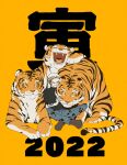  1boy 2022 arm_tattoo black_shirt brown_footwear chinese_zodiac chizuko_(chiduk0) crossed_legs denim facial_hair hat jeans male_focus one_piece open_mouth orange_background pants petting shirt sitting sleeves_rolled_up smile solo tattoo tiger trafalgar_law year_of_the_tiger yellow_eyes 