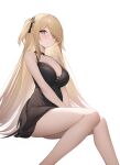  1girl absurdres aged_up bare_arms bare_legs bare_shoulders black_dress blonde_hair blush breasts bright_pupils cleavage closed_mouth commentary_request cross-laced_clothes dress feet_out_of_frame fischl_(ein_immernachtstraum)_(genshin_impact) fischl_(genshin_impact) genshin_impact highres invisible_chair knees_together_feet_apart large_breasts long_hair looking_at_viewer no_eyepatch red_eyes shibuya_(kurokamishain) simple_background sitting sleepwear sleeveless sleeveless_dress solo thighs two_side_up very_long_hair white_background white_pupils 