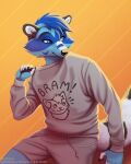  2022 4:5 5_fingers anthro black_nose blue_body blue_eyes blue_fur claws clothed clothing digital_media_(artwork) english_text eyebrows eyelashes fingers fur male mammal procyonid raccoon shinigamigirl smile solo text 