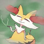  1:1 2022 ambiguous_gender anthro black_body black_fur bloodshot_eyes boke_(artist) braixen cheek_tuft digital_media_(artwork) drugs english_text facial_tuft fur generation_6_pokemon green_background holding_object inner_ear_fluff marijuana mouth_closed narrowed_eyes nintendo pokemon pokemon_(species) red_body red_fur red_inner_ear_fluff red_nose shaded signature simple_background smoke solo standing stick text tuft video_games white_arms white_body white_cheek_tuft white_fingers white_fur yellow_body yellow_ears yellow_fur yellow_tail 