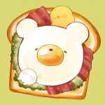  2others animal-shaped_food artist_name bacon bear bird blush_stickers bread bread_slice chick chicken closed_eyes commentary creature food food_art food_focus fried_egg green_background highres in_food kimipiyo_(tenmiyakiyo) lettuce multiple_others on_food original signature simple_background symbol-only_commentary tenmiyakiyo tsubumaru_(tenmiyakiyo) 