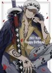  1boy absurdres arm_tattoo chest_tattoo coat coat_on_shoulders facial_hair fur-trimmed_coat fur_trim grey_eyes hand_tattoo hand_up happy_birthday hat highres male_focus natake one_piece partially_unbuttoned petals sheath sheathed shirt simple_background sleeves_rolled_up smile solo sword tattoo trafalgar_law weapon yellow_shirt 