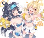  ahoge animal_ears bangs bare_shoulders black_hair blonde_hair blue_archive blue_eyes blush braid breasts cheerleader cleavage dog_ears dog_girl dog_tail eyewear_on_head goggles goggles_on_head halo hibiki_(blue_archive) hibiki_(cheerleader)_(blue_archive) highres holding holding_pom_poms kotori_(blue_archive) kotori_(cheerleader)_(blue_archive) large_breasts long_hair looking_at_viewer medium_hair navel open_mouth pom_pom_(cheerleading) red_eyes shinozuka_atsuto single_braid smile star_sticker sticker_on_face tail thighs twintails 