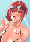  1girl absurdres azur_lane bikini black_bikini blue_background breasts cleavage goggles goggles_on_head highres huge_breasts o-ring o-ring_bikini official_alternate_costume open_mouth oral_invitation pulled_by_self red_hair side_ponytail simple_background solo strap_pull swimsuit t_shaburo tongue tongue_out upper_body zara_(azur_lane) zara_(poolside_coincidence)_(azur_lane) 