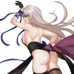  1girl alternate_costume ass backless_outfit bare_shoulders black_gloves breasts counter:side from_behind gloves hand_on_hip highres hilde_(counter:side) long_hair official_alternate_costume omgwtfyawp sideboob solo thighhighs thong white_background yellow_eyes 