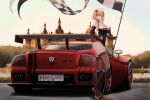  1girl absurdres azur_lane bangs blonde_hair breasts brown_eyes car character_name checkered_flag cleavage commentary_request copyright_name flag ground_vehicle hand_on_hip highres holding holding_flag holding_pole kcar66t large_breasts license_plate looking_at_viewer motor_vehicle multicolored_hair outdoors pole race_queen red_hair roon_(azur_lane) roon_(muse)_(azur_lane) short_hair solo spoiler_(automobile) sports_car standing streaked_hair tail_lights vehicle_focus vehicle_request volkswagen volkswagen_w12 