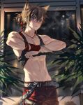  1boy abs animal_ears arknights arsh_(thestarwish) bare_shoulders belly biceps bishounen blue_eyes brown_hair cat_ears clothes_lift commentary_request cowboy_shot dappled_sunlight duplicate highres jewelry looking_at_viewer male_focus navel necklace open_mouth outdoors pants pectorals pixel-perfect_duplicate plant potted_plant red_pants shirt_lift solo stainless_(arknights) stomach sunlight tank_top teeth toned toned_male 