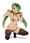  1girl ;d bikini black_bikini black_thighhighs breasts clenched_hands commentary_request dark-skinned_female dark_skin flower full_body green_eyes green_hair hair_flower hair_ornament highres long_hair looking_at_viewer mallow_(pokemon) medium_breasts micro_bikini navel one_eye_closed open_mouth paw_pose pokemon pokemon_(game) pokemon_sm revision simple_background smile swimsuit thighhighs tottotonero twintails white_background 