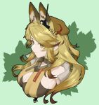  1girl animal_ears arknights beret breasts brown_eyes brown_hair cleavage cleavage_cutout clothing_cutout cropped_torso earpiece green_background hat large_breasts long_hair quercus_(arknights) smile tsukira_(amayadori) 