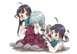  3girls ahoge asymmetrical_bangs bangs black_hair black_ribbon blue_bow blue_bowtie bow bowtie braid cellphone commentary_request covering_face dress fujinami_(kancolle) grey_hair grey_pantyhose grin hair_ribbon halter_dress halterneck hamanami_(kancolle) harukaze_unipo hayanami_(kancolle) kantai_collection long_hair long_sleeves multiple_girls pantyhose phone pleated_dress ponytail purple_dress purple_hair ribbon school_uniform seamed_legwear shirt short_hair side-seamed_legwear side_ponytail sidelocks simple_background single_braid smartphone smile white_background white_ribbon white_shirt yellow_eyes 