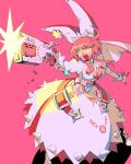  1girl animal_ear_headwear animal_ears ascot belt_buckle blue_eyes breasts buckle cleavage commentary dress dress_flower elphelt_valentine fake_animal_ears firing gloves guilty_gear guilty_gear_xrd gun hairband hat large_breasts open_mouth pink_background pink_gloves pink_hair pink_ribbon rabbit_ears ribbon shell_casing short_hair_with_long_locks solo sorrysap spiked_hairband spikes teeth upper_teeth veil weapon white_ascot white_dress wing_ornament 