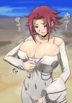  1girl bare_shoulders blue_eyes bodysuit breasts cleavage code_geass desert highres huge_breasts iwao178 kallen_stadtfeld partially_unzipped red_hair short_hair solo undersized_clothes zipper zipping 