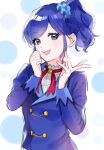  1girl :d aikatsu! aikatsu!_(series) bangs blue_eyes blue_hair blue_jacket dress_shirt highres jacket kiriya_aoi long_hair long_sleeves neck_ribbon o_o1000001 open_mouth red_ribbon ribbon shiny shiny_hair shirt side_ponytail sketch smile solo starlight_academy_uniform swept_bangs upper_body white_shirt 