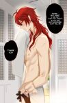  2boys aether_(genshin_impact) bad_id bad_twitter_id closed_mouth diluc_(genshin_impact) genshin_impact long_hair male_focus multiple_boys muscular muscular_male nipples pnk_crow red_eyes red_hair towel_around_waist wiping 