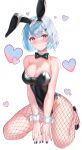  1girl :q absurdres animal_ears bare_arms bare_shoulders between_legs black_leotard blue_hair blush bow bowtie breasts cleavage closed_mouth commentary_request detached_collar fake_animal_ears fishnet_pantyhose fishnets hairband heart heart-shaped_pupils highleg highleg_leotard highres large_breasts leotard looking_at_viewer mole mole_on_breast original pantyhose playboy_bunny rabbit_ears red_eyes revision seko_(sekoko) short_hair smile solo symbol-shaped_pupils tongue tongue_out wrist_cuffs 