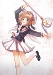  1girl absurdres artina blush brown_hair cardcaptor_sakura female_child green_eyes hat highres kinomoto_sakura leg_lift legs looking_at_viewer open_mouth school_uniform serafuku short_hair socks solo tomoeda_elementary_school_uniform white_socks 