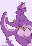  anthro breasts butt clothing female hardenonn hi_res kobold looking_at_viewer panties purple_body scalie shark_tail solo tagme underwear 