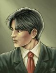  1boy absurdres bangs black_hair brown_eyes chen_gui_zhang collared_shirt formal grey_jacket highres jacket lips looking_away parted_bangs parted_hair portrait red_tie shenmue shirt sideburns signature simple_background sliverofsand suit thick_eyebrows white_shirt yellow_background 