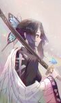  1girl absurdres black_hair black_jacket bug butterfly butterfly_hair_ornament closed_mouth essukaa_(e-su) hair_ornament haori highres holding holding_sword holding_weapon jacket japanese_clothes kimetsu_no_yaiba kochou_shinobu long_sleeves multicolored_hair profile purple_eyes purple_hair sheath sheathed short_hair_with_long_locks solo sword two-tone_hair weapon 