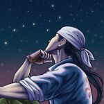  1boy bandana black_hair blue_shirt brown_gloves chinese_clothes collared_shirt facing_away fingerless_gloves gloves green_pants highres long_hair looking_up low_ponytail night night_sky pants ponytail profile ren_wu_ying shenmue shenmue_ii shirt sideburns sky sleeves_rolled_up sliverofsand solo star_(sky) thick_arms thick_eyebrows tooth_earrings white_bandana 