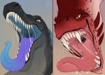  ambiguous_gender black_lips blue_tongue bodily_fluids dragon drooling fangs feral front_view glistening glistening_eyes glistening_tongue grey_body hi_res lips looking_at_viewer mouth_shot multiple_images narrowed_eyes open_mouth pupils red_body red_tongue saliva saliva_on_tongue saliva_string santanahoffman scalie sharp_teeth signature simple_background slit_pupils solo teeth tongue 