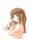  1girl absurdres adjusting_hair braid breasts brown_eyes brown_hair highres irodori-classical kimi_kiss mizusawa_mao mouth_hold nude sideboob simple_background solo twin_braids white_background 