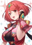  1girl :d absurdres bangs black_gloves blush breasts chest_jewel dot_nose earrings fingerless_gloves gem gloves green322 headpiece highres jewelry large_breasts pyra_(xenoblade) red_eyes red_hair short_hair smile solo swept_bangs teeth tiara upper_body upper_teeth xenoblade_chronicles_(series) xenoblade_chronicles_2 