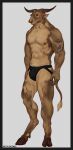  2021 abs anchor_tattoo anthro black_border black_clothing black_eyes black_underwear border bottomwear bovid bovine cattle clothing ekzonzz facial_piercing hi_res hooves horn jockstrap male mammal muscular muscular_anthro muscular_male navel nipples nose_piercing nose_ring pecs piercing ring_piercing simple_background solo standing tattoo underwear 