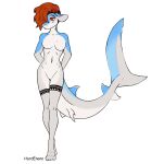  anthro breasts clothing female fish hair hardenonn hi_res marine red_eyes red_hair scalie shark shark_tail shy solo tagme tattoo underwear 
