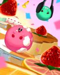  alien confetti cream food fruit highres jumping kirby kirby&#039;s_dream_buffet kirby_(series) leo_taranza open_mouth pancake pudding strawberry waffle 