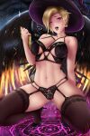  1girl absurdres ahegao axlone bird black_thighhighs black_wings blonde_hair breasts cleavage earrings feathered_wings food-themed_earrings halloween hat high_heels highres holding holding_paper jewelry large_breasts lingerie looking_at_viewer magic_circle md5_mismatch mercy_(overwatch) navel night open_mouth overwatch paper pumpkin_earrings purple_eyes resolution_mismatch saliva signature single_earring source_smaller squatting thighhighs tongue tongue_out underwear wings witch_hat 