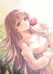  1girl bangs bare_shoulders blunt_bangs blush breasts collarbone dress flower frilled_sleeves frills highres holding holding_flower large_breasts light_brown_hair long_hair looking_at_viewer lying original pink_flower revision solo ssum_(ehf_dustk) white_dress yellow_eyes 