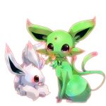  alternate_color animal_focus black_eyes blush closed_mouth eevee espeon flower forehead_jewel full_body fur_collar gem green_flower green_gemstone happy holding holding_flower jewelry looking_at_another looking_at_viewer lowres lying mouth_hold necklace no_humans on_stomach open_mouth orange_gemstone pokemon pokemon_(creature) shiny_pokemon shira_(sirairo116) simple_background sitting smile white_background yellow_flower 