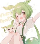  1girl artist_name bandaid bandaid_on_leg blush buttons creature_and_personification edamame_(food) green_hair green_suspenders hand_up highres m_ypypy open_mouth puffy_short_sleeves puffy_sleeves shirt short_sleeves sitting suspenders voicevox white_shirt yellow_eyes zundamon 