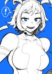  ! 1girl absurdres bangs blue_background blue_eyes blush bodysuit boku_no_hero_academia breasts greyscale_with_colored_background hadou_nejire half-closed_eyes highres looking_at_viewer medium_breasts official_alternate_hairstyle open_mouth short_hair sidelocks simple_background solo spot_color superhero teeth upper_body upper_teeth yotsumi_shiro 